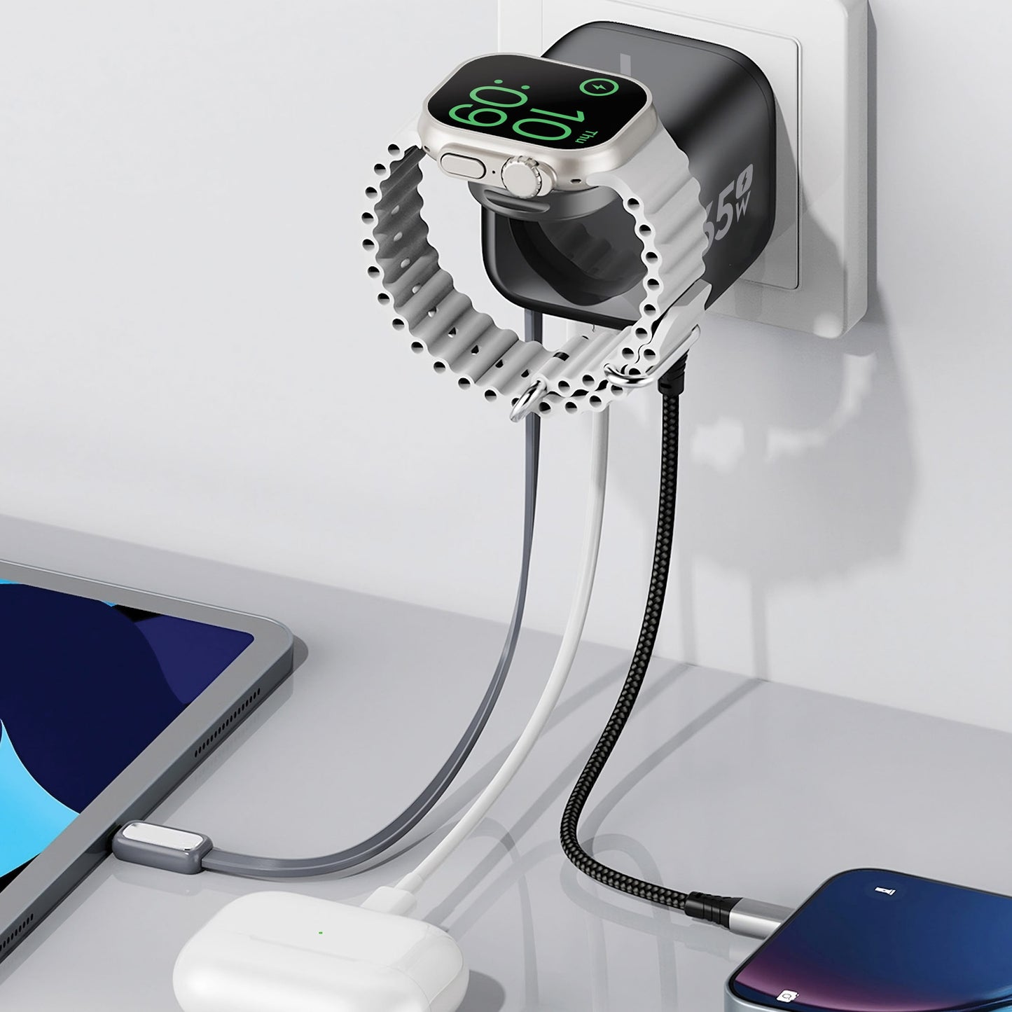 ZIZO PowerVault Cube 65W GaN Travel Charger with Smartwatch Dock, Retractable Cable, and Multi-Port Fast Charging