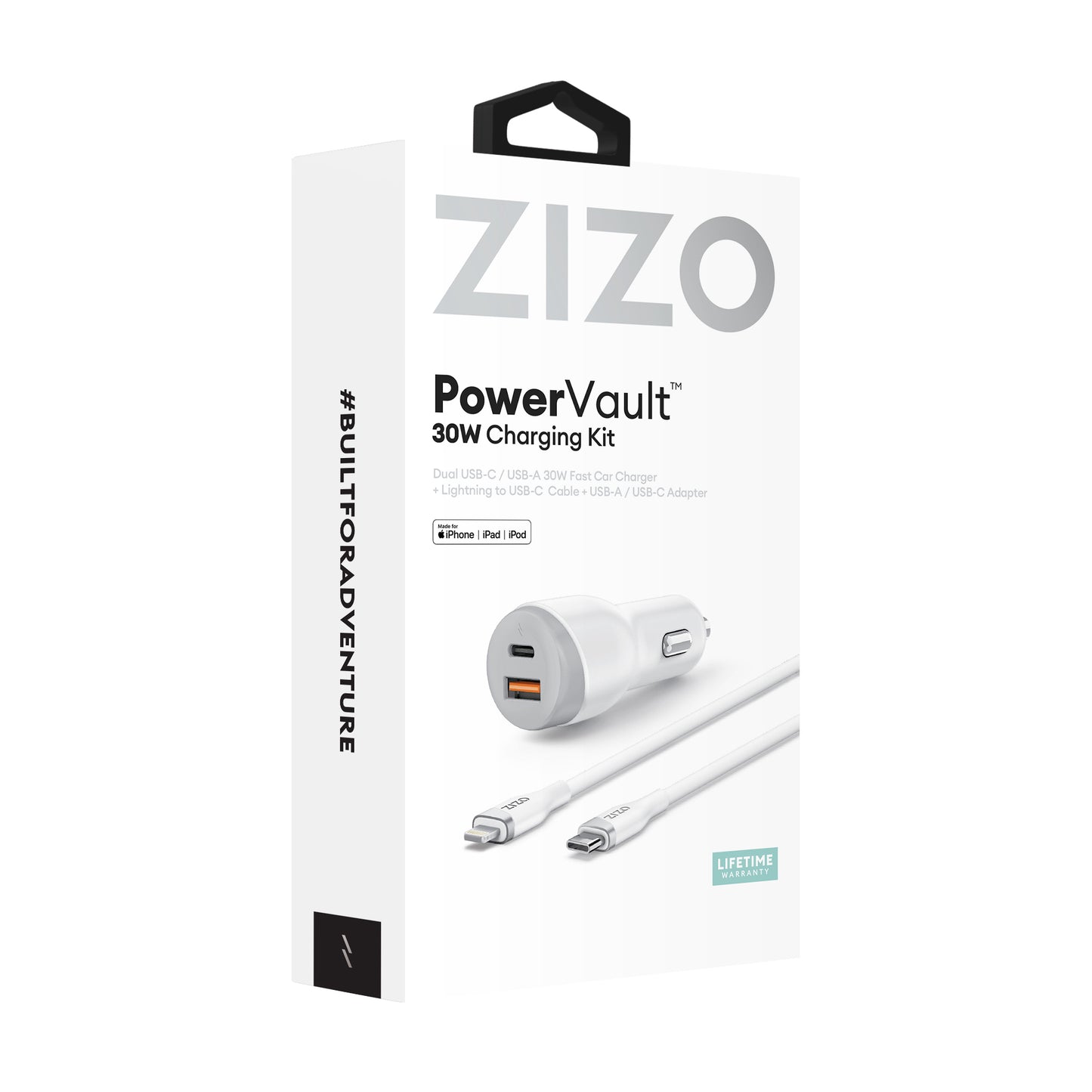 ZIZO PowerVault 30W Dual Port Car Charger Bundle + Lightning to USB-C Cable + USB-A Adapter - ZIZO Wireless