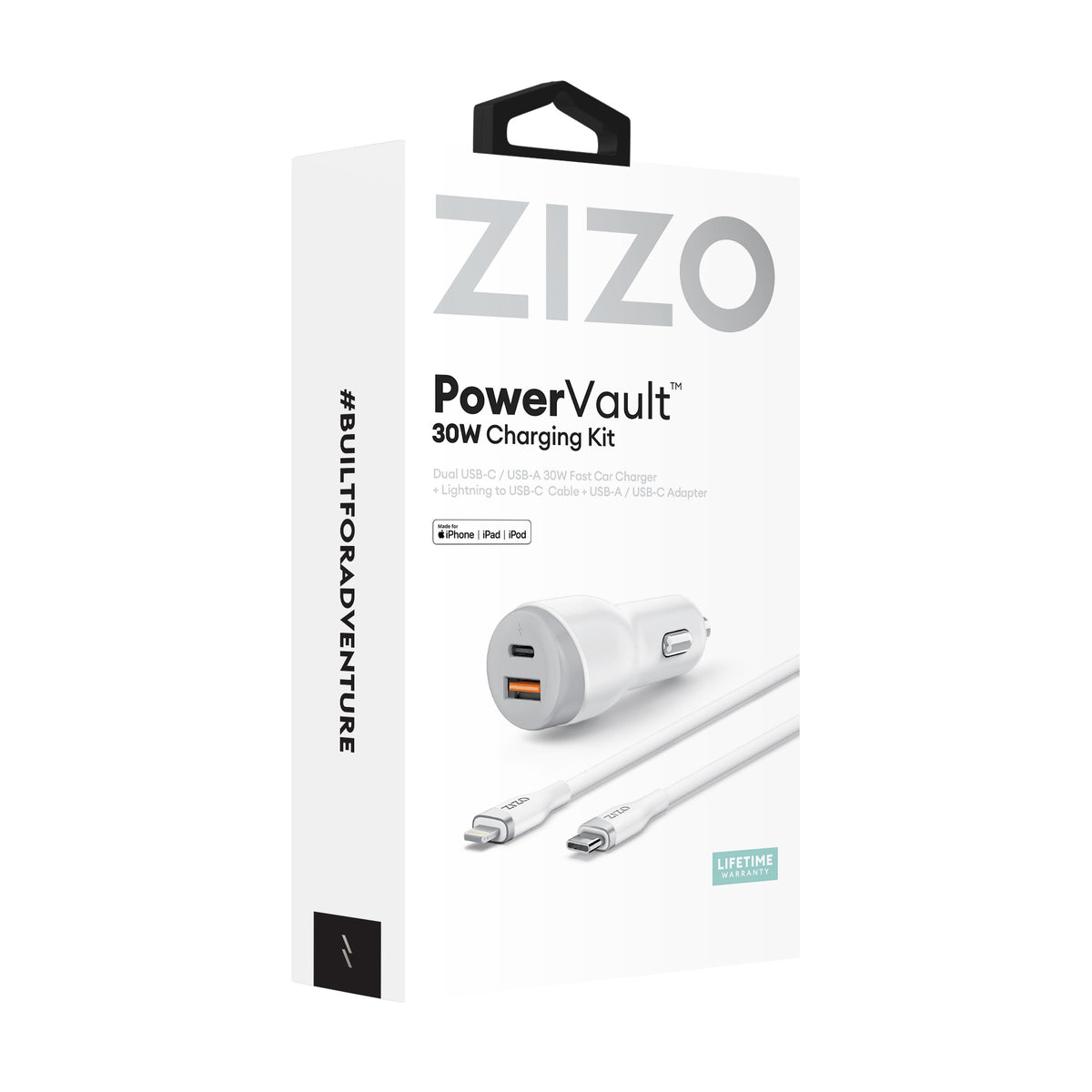 ZIZO PowerVault 30W Dual Port Car Charger Bundle + Lightning to USB-C Cable + USB-A Adapter - ZIZO Wireless