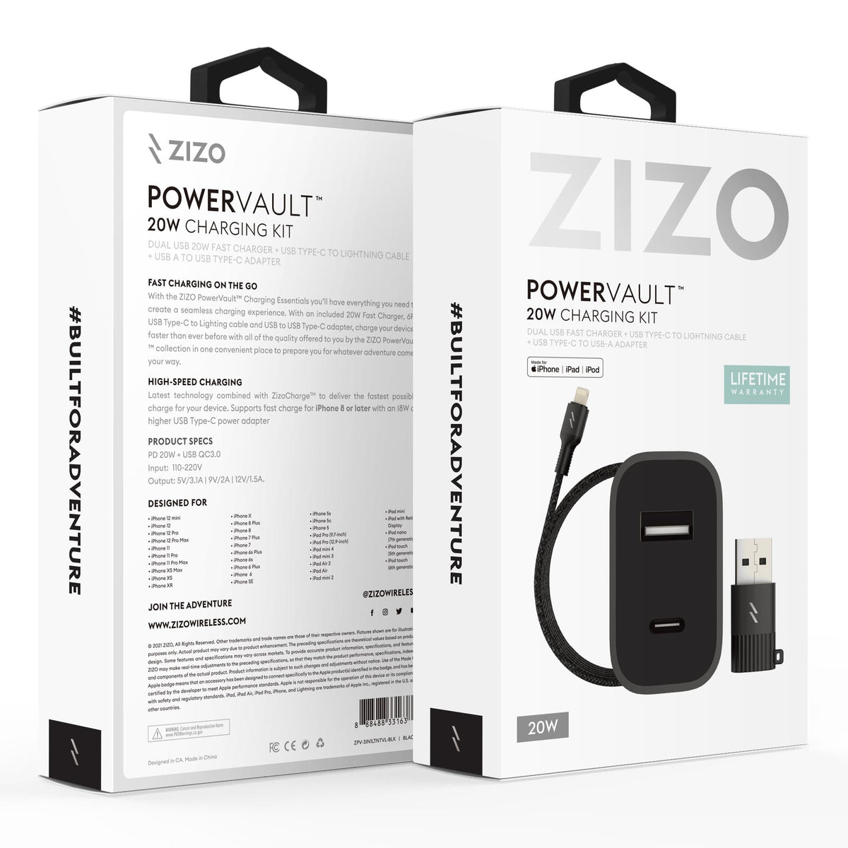 ZIZO PowerVault Bundle Travel Charger + Type C to Lightning Cable + USB to Type C Adapter - ZIZO Wireless