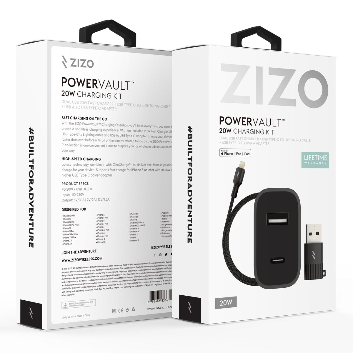 ZIZO PowerVault Bundle Travel Charger + Type C to Lightning Cable + USB to Type C Adapter - ZIZO Wireless