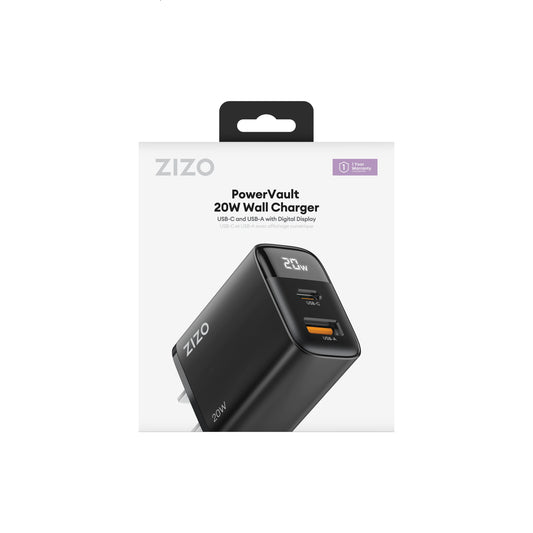 ZIZO PowerVault 20W USB-C + USB-A Wall Charger with Digital Power Display