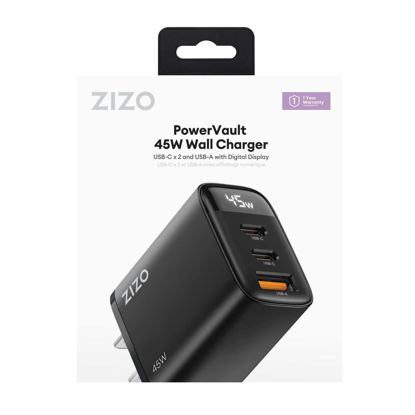 ZIZO PowerVault 45W Dual USB-C + USB-A Wall Charger with Digital Power Display