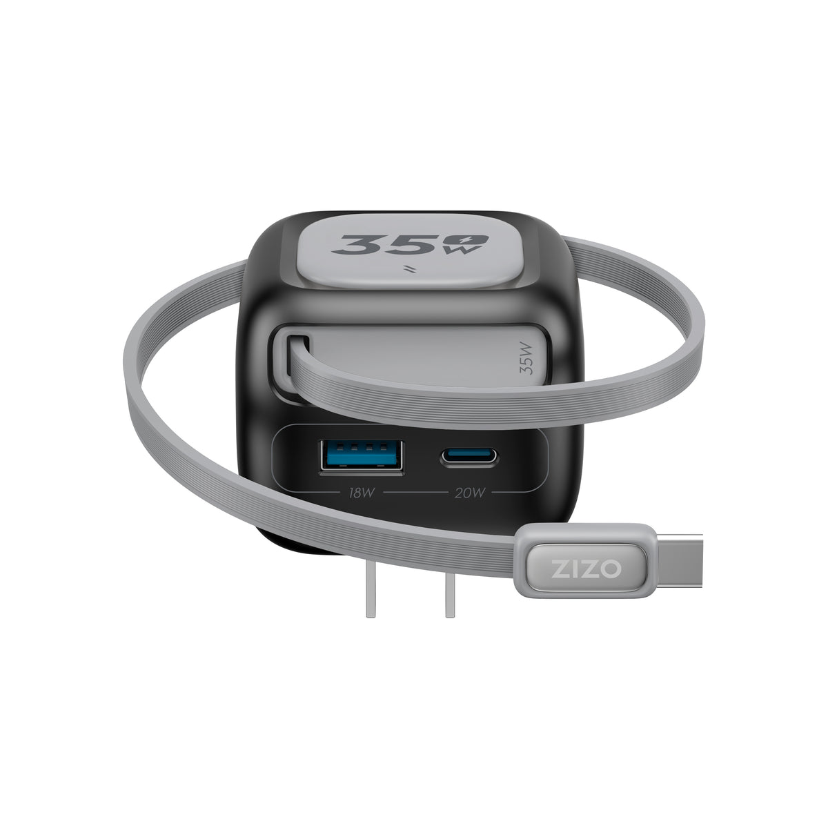 ZIZO PowerVault Cube 35W GaN Travel Charger with Retractable USB-C Cable and Multi-Port Charging
