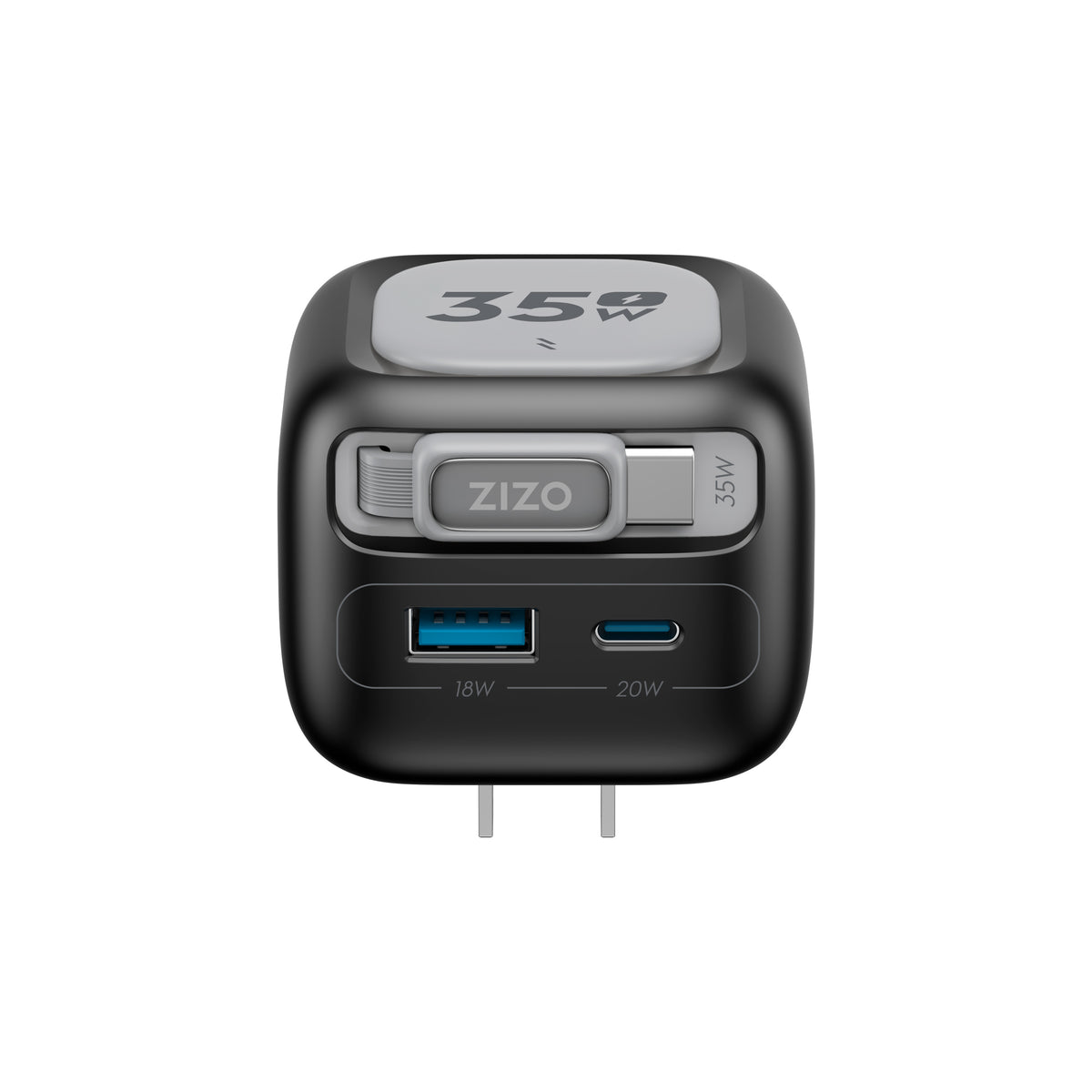 ZIZO PowerVault Cube 35W GaN Travel Charger with Retractable USB-C Cable and Multi-Port Charging