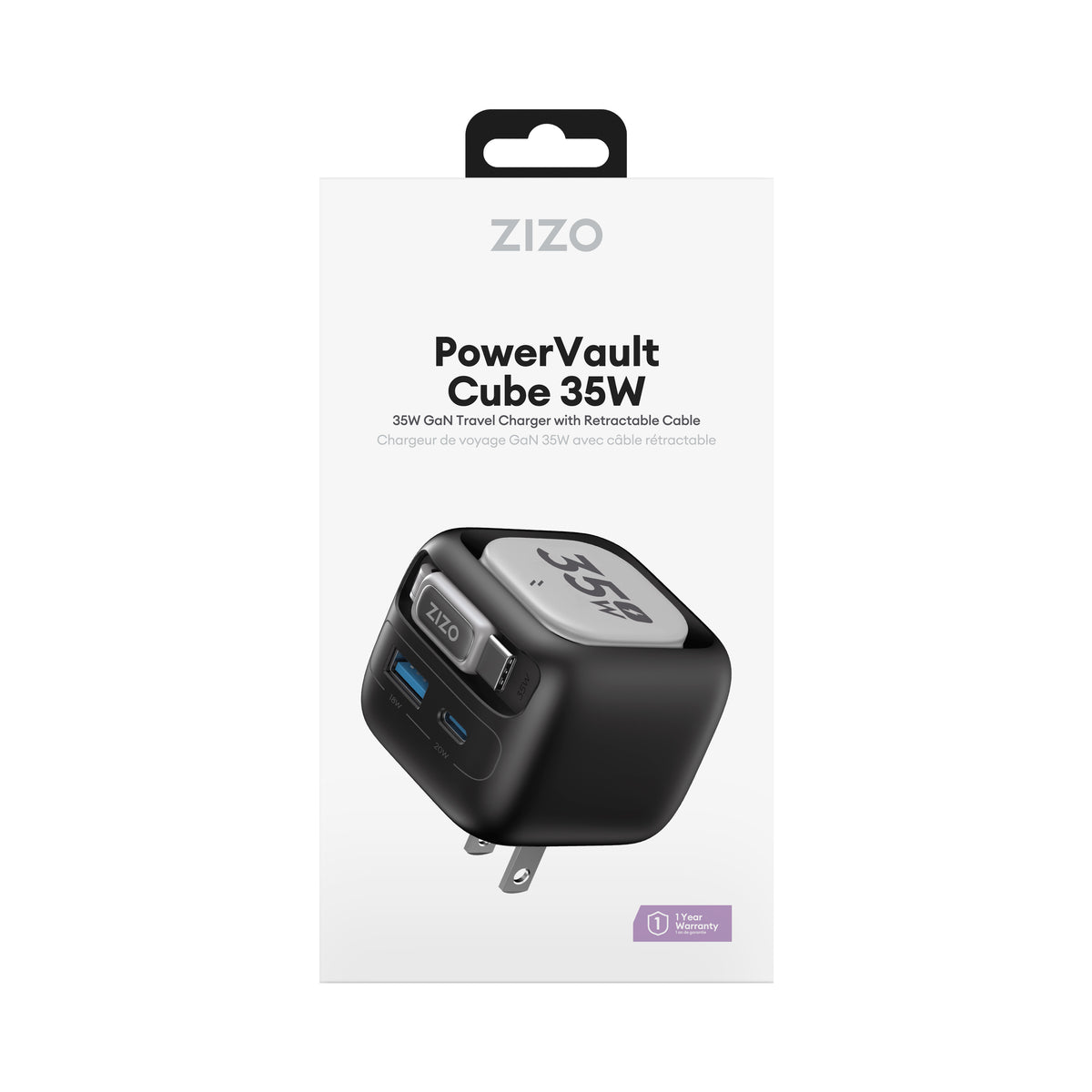 ZIZO PowerVault Cube 35W GaN Travel Charger with Retractable USB-C Cable and Multi-Port Charging