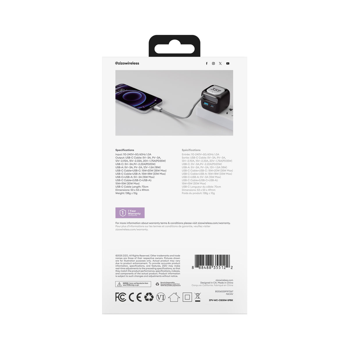 ZIZO PowerVault Cube 35W GaN Travel Charger with Retractable USB-C Cable and Multi-Port Charging