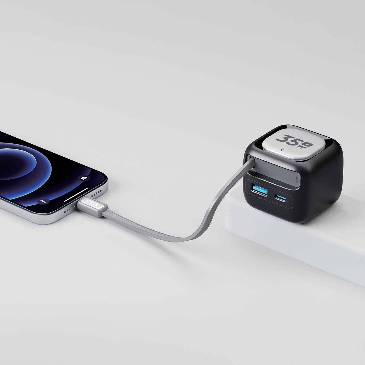 ZIZO PowerVault Cube 35W GaN Travel Charger with Retractable USB-C Cable and Multi-Port Charging
