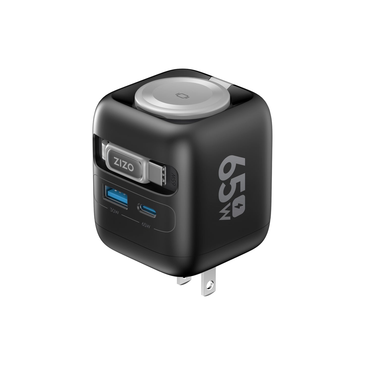 ZIZO PowerVault Cube 65W GaN Travel Charger with Smartwatch Dock, Retractable Cable, and Multi-Port Fast Charging