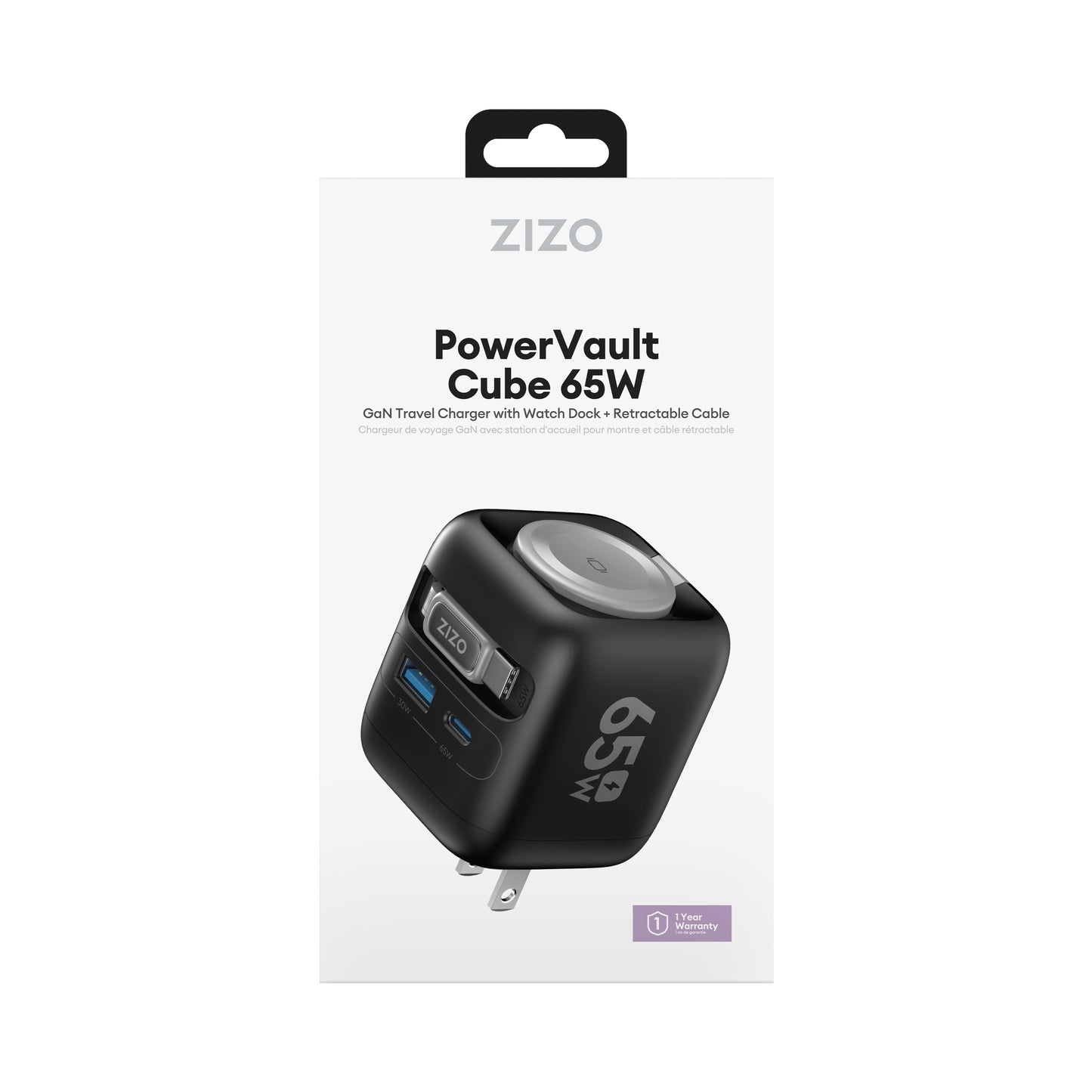 ZIZO PowerVault Cube 65W GaN Travel Charger with Smartwatch Dock, Retractable Cable, and Multi-Port Fast Charging