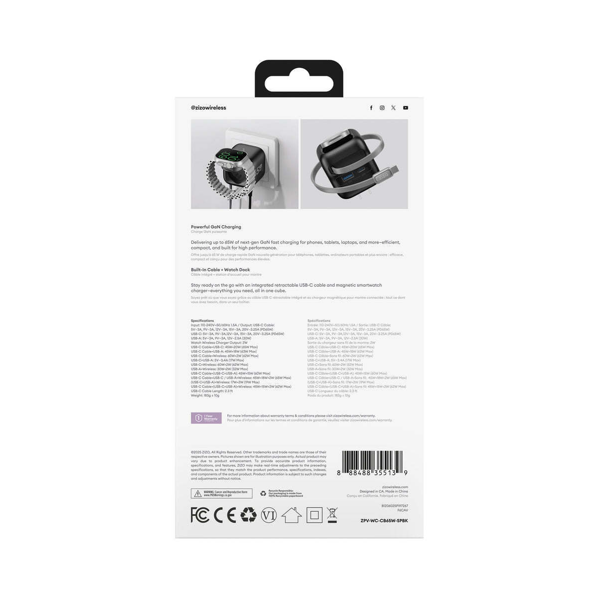 ZIZO PowerVault Cube 65W GaN Travel Charger with Smartwatch Dock, Retractable Cable, and Multi-Port Fast Charging